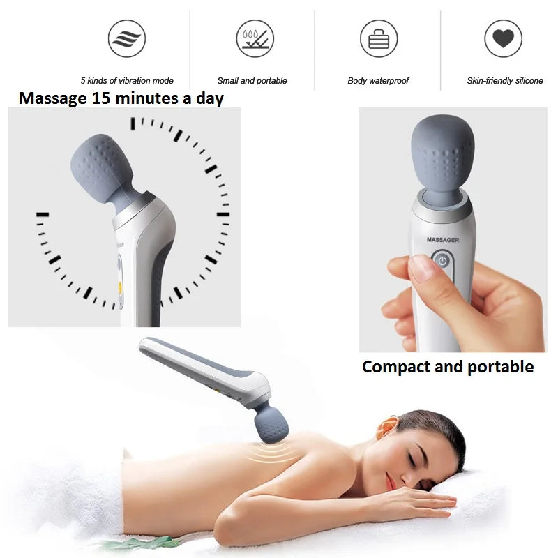 Waterproof Rechargeable Massage Wand — 5-Speed Neck &amp; Body Vibrating Kneading Massager