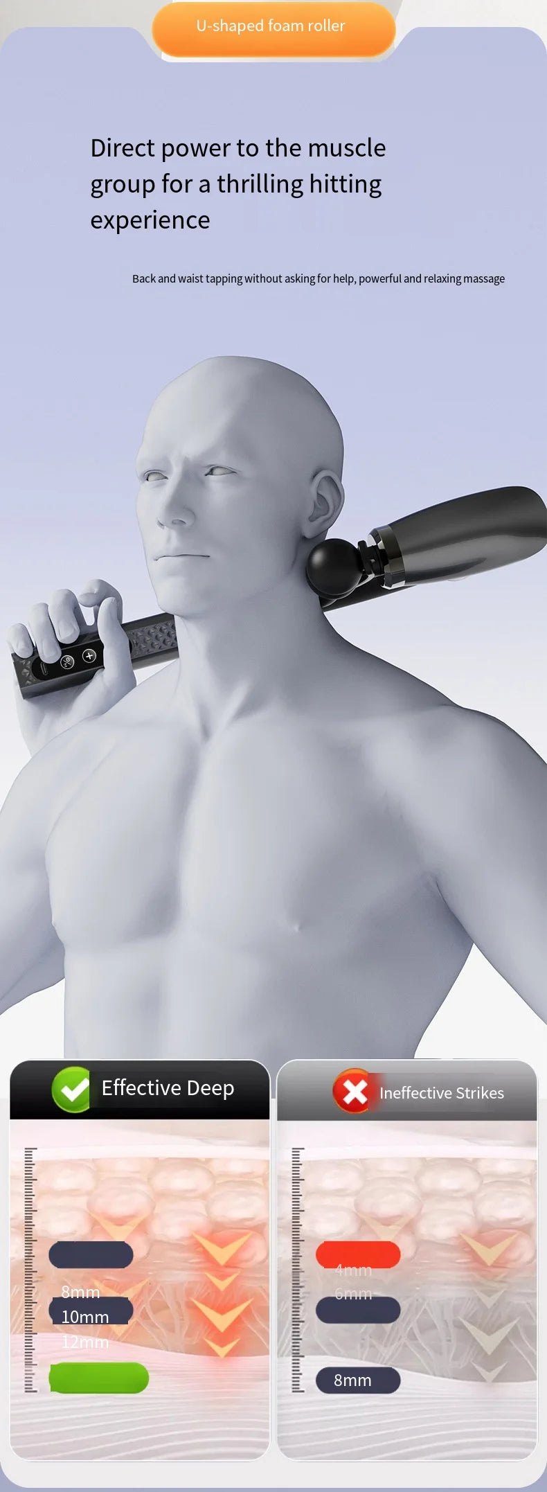 Smart Electric Fascia Gun — Long Handle Back Muscle Massager, Rechargeable Percussion Device
